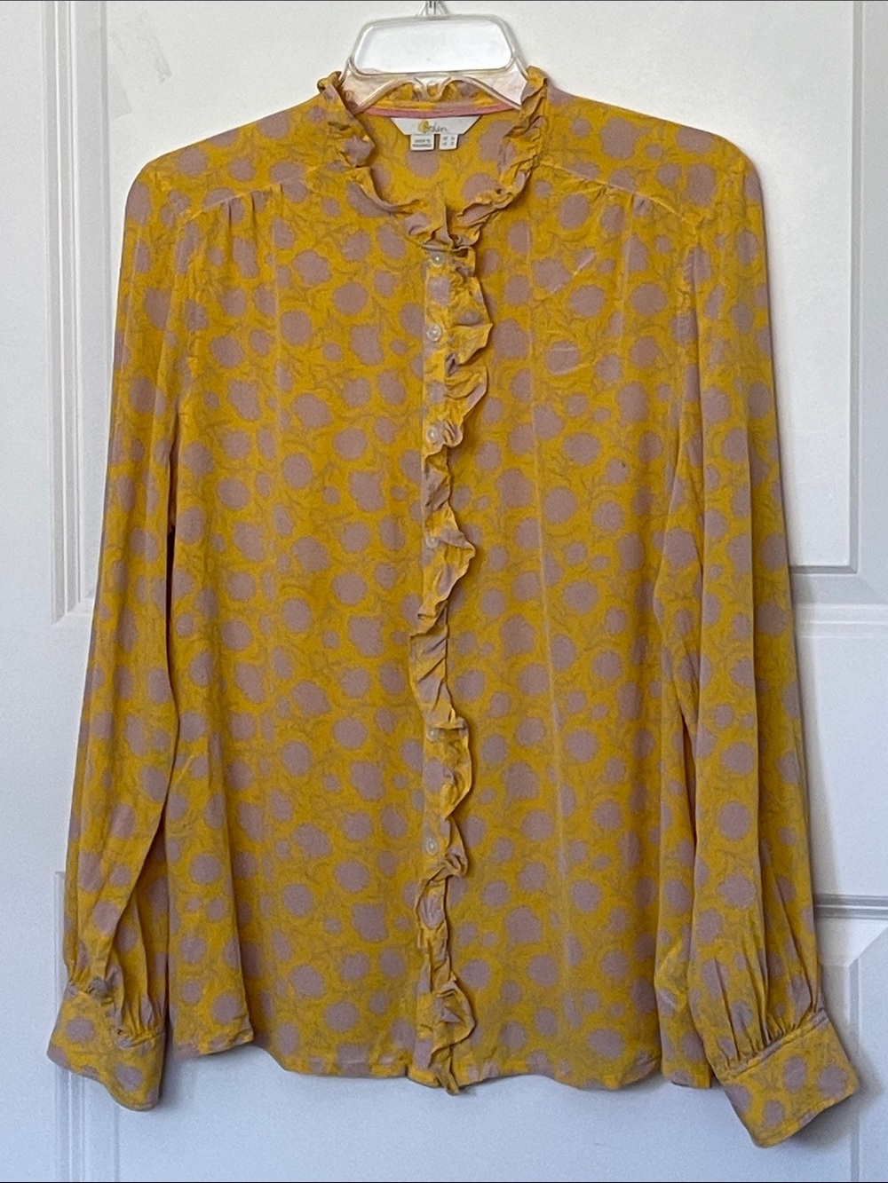 Boden Golden Silk Blouse with Pink Florals 12 Elegance Romantic Chic
